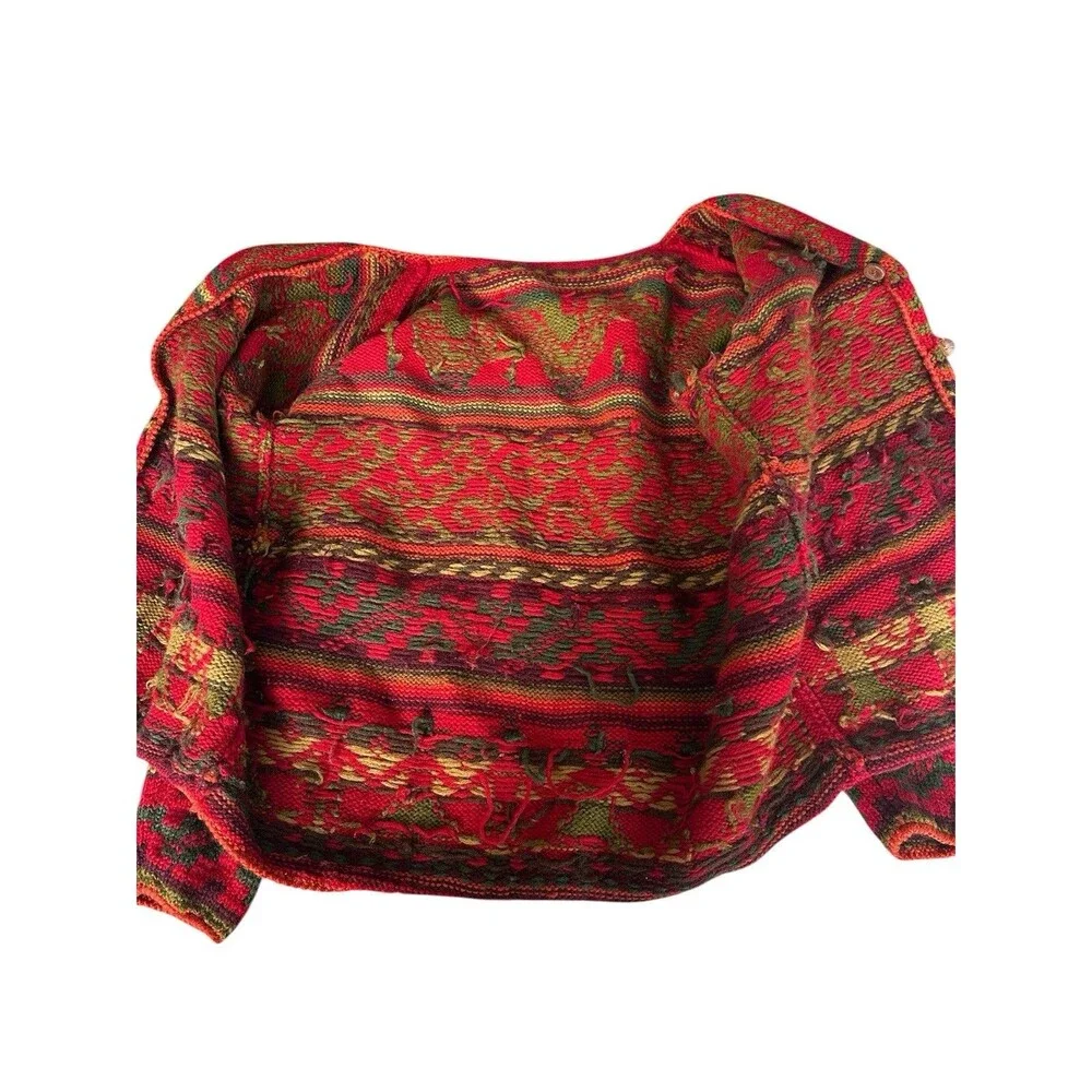 Vintage Hand Knit Wool Cardigan South American Motif Red Green Chunky Boho L/XL - Picture 8 of 10